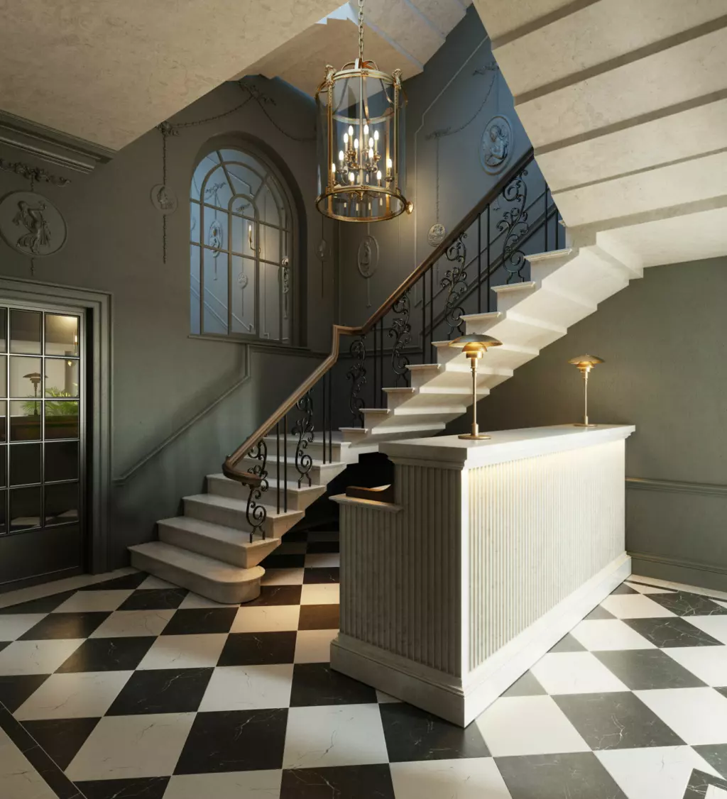 A view of a grand lobby with tiled flooring and staircase with large light feature.