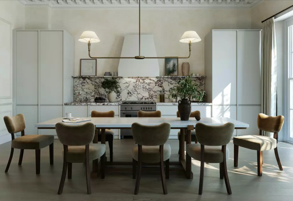 Modern kitchen with 8 seater dining table and large ceiling light fitting.