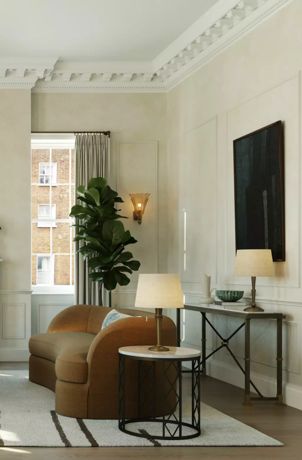 Section of living room with high ceilings, sofa, tables and wall mounted television.
