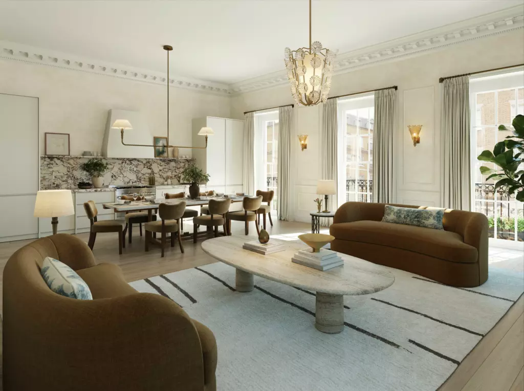 Grand living room with open plan kitchen and dining area.